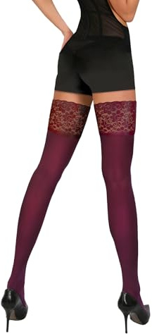 sesto senso Halterlose Strümpfe Blickdicht 40 Den mit Spitze Damen Verstärkt mit Silikonstreifen XL/XXL Bordo Rotwein