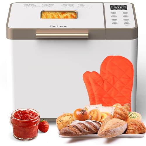 Karinear Bread Maker, Upgrade 20 Function Bread Machine with Gloves, 15 H Timer & 20 Preset Function, 2LB Stainless Steel Bread Maker Machine with 3 Loaf Sizes 3 Crust Colors