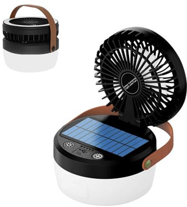 Solar Camping Ventilator, USB Rechargeable Fan, Tischventilator akku Ventilator Camping Campinglampe, 90º Einstellung nach oben/unten, 4-stufiges Licht, 3-Stufige Windgeschwindigkeit (Schwarz)