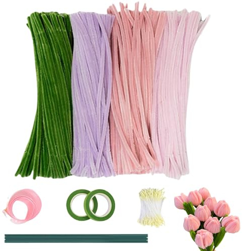 Pfeifenreiniger Blumen Set, 400 Stück Rosa Pfeifenreiniger Zum Basteln Pfeifenputzer zum Basteln, 4 Farben Zartrosa Grün Pfeifenreiniger mit 20 Grünem Bastelfaden Geschenkband für Blumenstrauß DIY