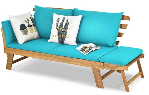 GOPLUS Canapé Lit de Jardin Extensible 2 Places Charge 320 KG, Accoudoirs Réglables, Coussins & Dossier Amovibles, Cadre en Bois d’Acacia Massif, pour Terrasse, Balcon, Parc, Patio (Naturel+Turquoise)