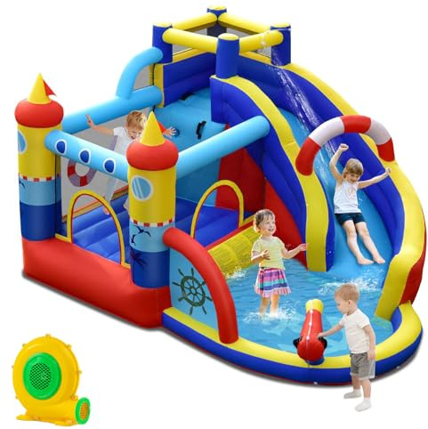 RELAX4LIFE Castello Gonfiabile, 360 x 290 x 200 CM, per 4 Bambini da 3 a 10 Anni con Lungo Scivolo Piscina Parete di Arrampicata, Carico 120KG Parco Acquatico Interno Esterno (Con soffiatore 550W)