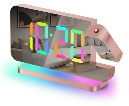 Sukeen Projection Alarm Clock,7.4 LED Mirror Digital Clocks Large Display,with 180° Rotatable Projector,RGB Night Light,USB C Port,Auto Dimmer,Desk Clock for Heavy Sleeper Bedroom Teens Adults Girl