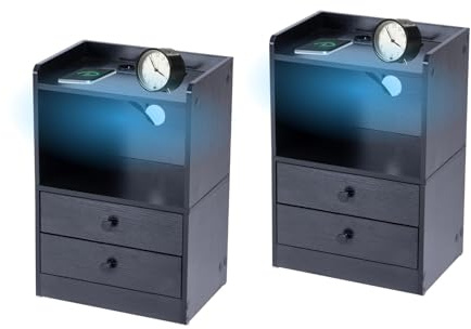 FurnitureR Table de Chevet LED, 16 Couleurs, éclairage LED Intelligent, 2 Prises de Charge et 2 Prises USB, 2 tiroirs, pour Chambre à Coucher, Salon, Bureau, 38 x 26,5 x 56 cm, 2 pièces