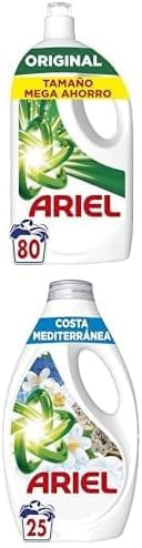 Ariel Detergente Lavadora Liquido 80 Lavados, Original, Jabon con Tecnologia limpieza en Frio + Ariel Detergente Lavadora Liquido 25 Lavados, Brisa Marina Y Jazmín, Edición Limitada Costa Mediterránea