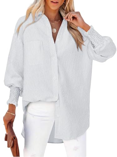 Cuptacc Camisa Mujer Manga Larga Elegante Cuello Vuelto Bolsillo Algodon Blusa Rayas Mujer Puños Plisados Túnicas con Botones Rayas Grises XL