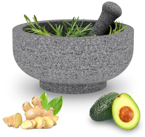 Großer Mörser und Stößel - Doppelseitiger Steinmörser Unpolierte Granitschale 6,5 Tassen 8,5 Zoll zum Mahlen von Gewürzen, Salsa-Sauce, Avocado-Sauce Molcajete-Schüssel