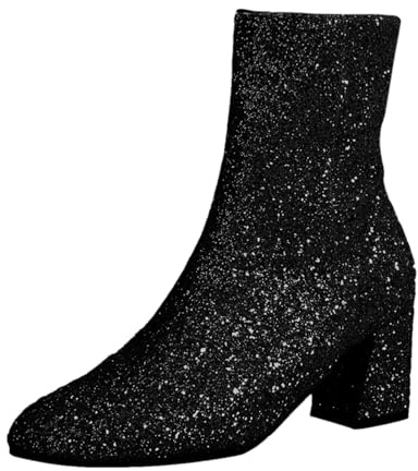 VBEDKDEB Ankle Boots Women Boots Ankle Boots Women Boots Large Size Round Toe Sequins Fine Glitter Casual Chunky Heel Low Ankle Boots Short Shoes Festival, black, 8 UK