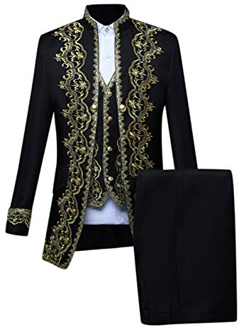 2025-3 Pezzi Abito Medievale Uomo Ricamo- Cappotto Rinascimento Manica Lunga Slim Vittoriano Retro Gilet Pantaloni Costume Tendenza Corte Gotico Uniforme per Halloween Carnevale Festa, Nero , M