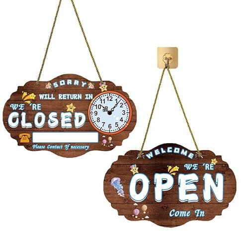 8Gnituhs Brown 40 * 25 cm Carteles de abierto/cerrado para negocios, carteles de vinilo de doble cara para escaparates con reloj, carteles de «Volveremos pronto» con reloj, ideales para negocios