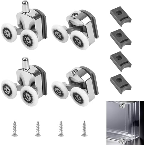 4 Pack Shower Door Rollers Fits 4-6mm Glass for Curved Bathroom Doors | 23mm Shower Door Wheels with Anti-Collision Block 2 Top & 2 Bottom Curved Shower Door Rollers Easy to Move & Low Noise