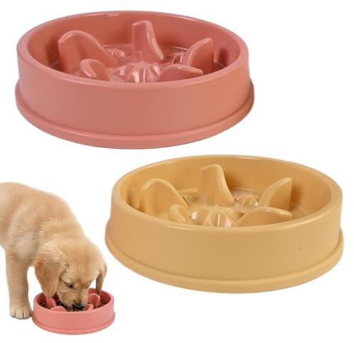 Merzio 2PCS Slow Feeder Dog Bowls, Anti-Choking Puzzle Cat Food Bowls, Non-Slip Interactive Dog Feeding Slow Down Eating, Bloat Stop Maze Dishes Dog Feeder for Small Breeds, Coral and Wheat Yellow