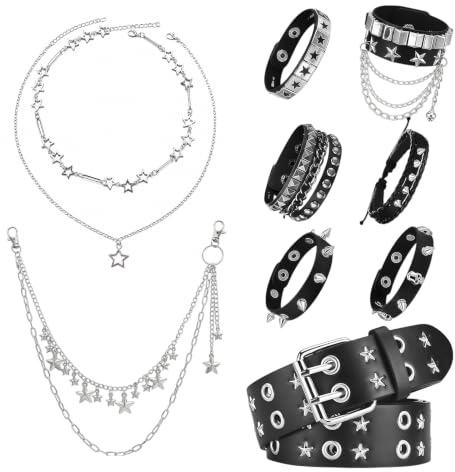 Tastetreasure Juego de 10 piezas de accesorios Y2K, gargantilla de estrella con tachuelas emo, cadena de cinturón de mezclilla en capas de metal, colección de pulseras brillantes de metal pesado punk
