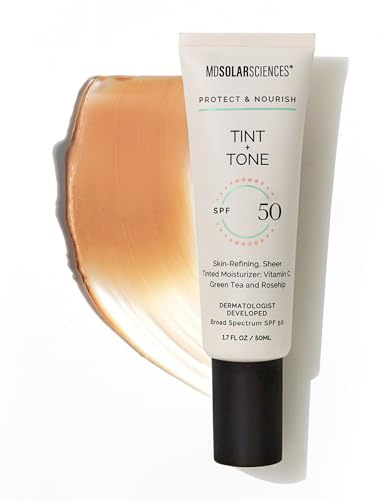 MDSolarSciences Tint + Tone Sheer Tinted Moisturizer SPF 50 | Evens Skin Tone, Brightens & Hydrates | Ceramides, Antioxidants & Vitamin C | Clinically Proven | Safe for Sensitive Skin (1.7 Fl Oz)
