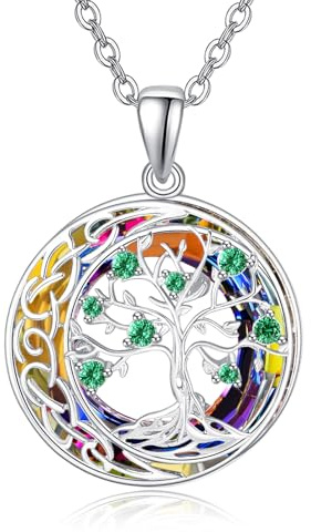 AENEAS Livets träd halsband för kvinnor 925 sterling silver keltisk måne livets träd hänge halsband med cirkel kristall smycken gåvor för kvinnor flickor fru mamma mormor, Sterlingsilver, Smaragd
