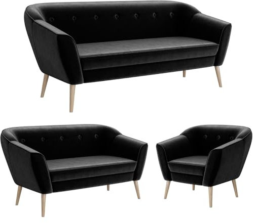 MEBLINI Mini Sofa Set 3-2-1 für Wohnzimmer - Mini Lounge für sechs Personen - Küchensofa - Sofa Klein - Sitzgarnitur - Polstergarnitur - Sofagarnituren - Doris - 3+2+1 - Schwarz Samt