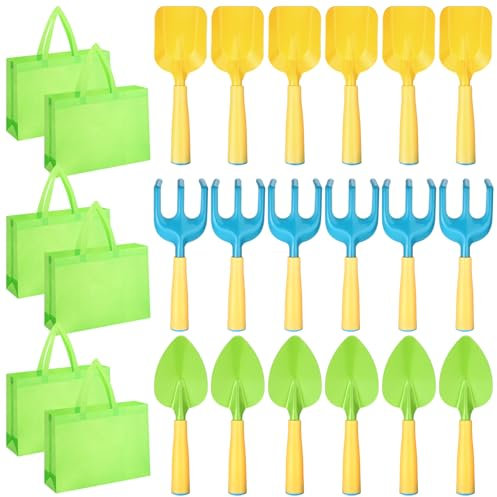 Lanties 24 Pcs Kids Gardening Tools Set 6 Garden Rake Garden Shovel 6 Garden Trowel 6 Green Tote Bags Metal Garden Tools with Sturdy Plastic Handle for Planting Loosening Digging Beach Sand