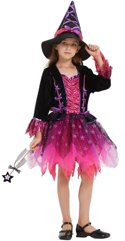 Joellfuner Hexenkleid Mädchen, Halloween Kostüm Kinder, Hexen Kostüm mit Hexenhut Zauberstab, 4-Lagiger Saree Tutu Mädchen Kostüme, Hexen Verkleidung Halloween Karneval Fasching Cosplay Party (110)