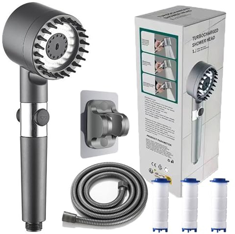 Pommeau de douche avec filtre, douchette de douche avec tuyau, économe en eau, haute pression, 3 + 1 types de jet, réglable pour eau résiduelle de chlore, eau dure, métal lourd