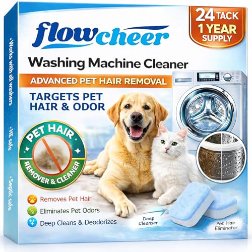 flowcheer Washing Machine Cleaner, Septic Safe Washer Descaler Tablets for Removing Pet Hair, Odors, Residue, Suitable for HE Front Loader, Top Load, 1 Year Supply, 24 Pack (For Pet Owner)