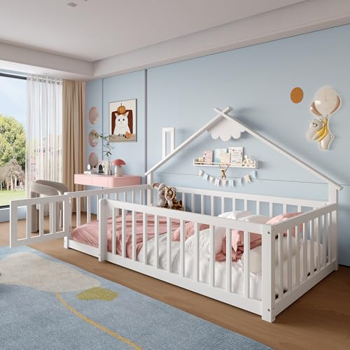 Letto per bambini 90 x 190 cm, letto da pavimento Montessori, letto per bambini, battiscopa, ringhiera con serratura, letto in legno massello di pino massiccio, con protezione anti-caduta e rete a
