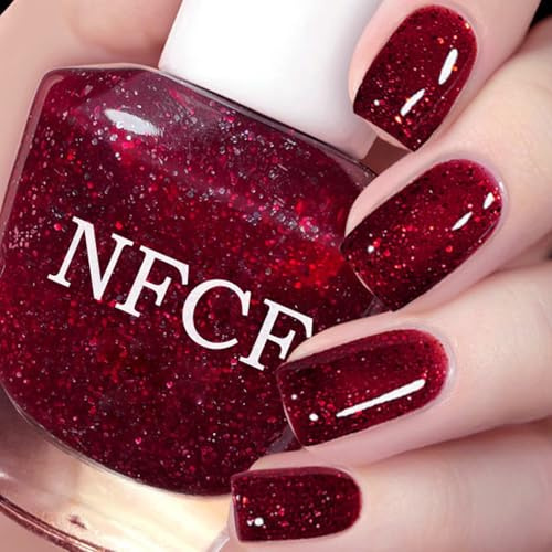 Glitter Nail Polish - Red Burgundy Nail Varnish - Quick Dry & Long Lasting Sparkly Nail Polish - Glossy Breathable Dark Red Nail Varnish - Chip Resistant Non-Toxic for DIY Nail Art Manicure