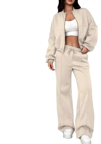 Gym Tracksuit Womens Full Set, Zip Up Sweatshirt Jacket Round Neck Long Sleeve Coat Drawstring Elasticated Waist Pants Wide Leg Trousers Light Leisure Gym Workout Sweatsuit Streetwear