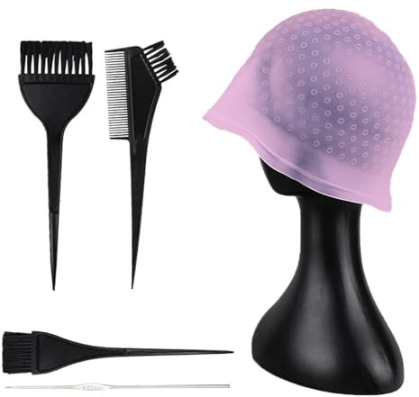 Silikon Highlight Kappe Stränchen Haube mit Pinseln und Nadel Silikon Strähnchenhaube Set Strähnchenhaube Haare Färben für Frauen und Mädchen Bläst