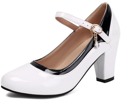 Mary Jane-pumps för kvinnor med klack patentläderblock tvåfärgad design rund tå för vår sommar plus storlekar, vit, 43 EU