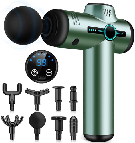 AQXONG Mini pistola per Massaggio Muscolare, 99 Velocità, Pistola da Massaggio Ultra Silenziosa 35DB, 8 Testine Massaggianti, Display LCD, Massaggiatore Portatile per Alleviare i Dolori Muscolari