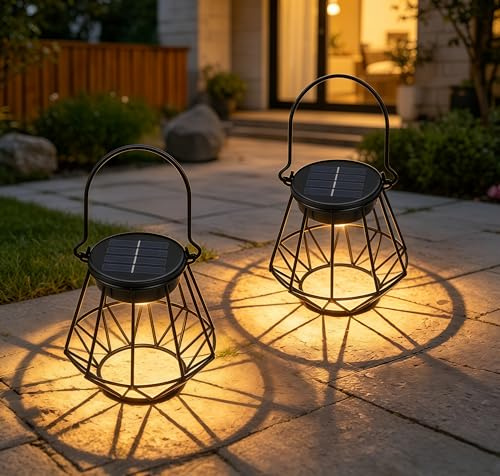 Dehobo Farolillos Solares Exterior 2 Piezas, Lámpara Solar Blanco Cálido IP65 Impermeable, Efecto Sol Luces Solares Exterior Jardin Colgante Vintage para Jardín, Balcón, Camping y Decoración