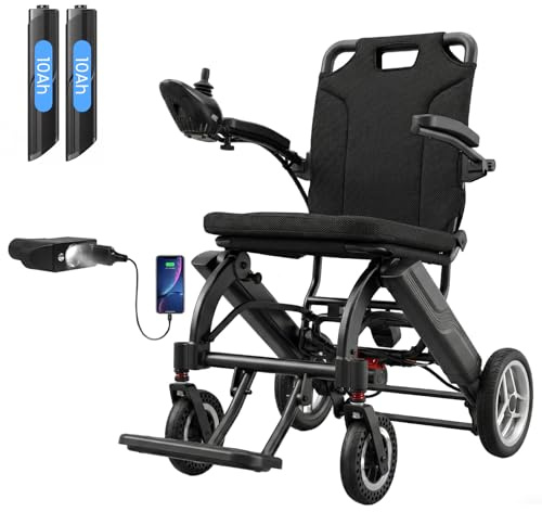 30 Miles & 33 Lbs Electric Wheelchair for Adults, Ultra-Lightweight Folding Motorized Wheelchair, Dual Removable 10Ah Batteries, Portable Power Wheelchairs for Seniors (Black, 2 * 10Ah)