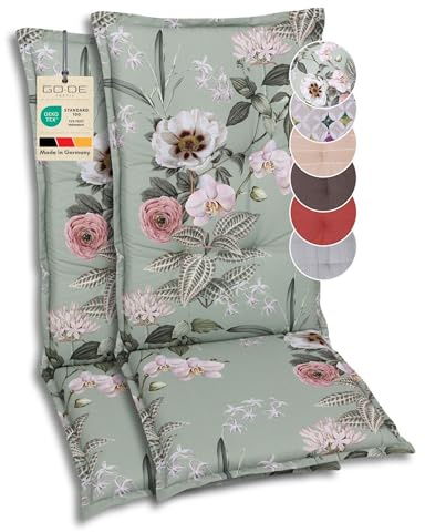 GO-DE Textil Bequeme und attraktive Polsterauflagen für Hochlehner-Gartenstühle (2er-Set, Orchidee Salbei, Hochlehner)