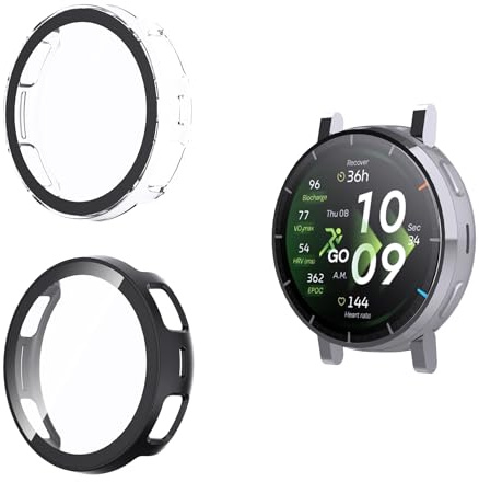 Natbok [2-pack] för Amazfit Active 3 45 mm fodral och härdat glasfilm, hård PC militär stötsäker klockfodral, repbeständigt, tunt skyddsfodral, skyddande airbag Amazfit Active 3