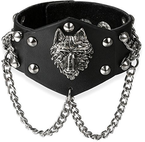 JewelryWe Schmuck Herren Breites Biker Lederarmband, Gotik Punk Rock Wolf Kopf Nieten Leder Armband Armreif mit Ketten, Verstellbaren Größen, Schwarz Silber