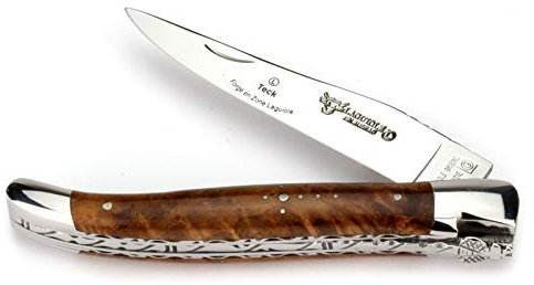 Laguiole en Aubrac Taschenmesser - Teak Maserknolle - 12 cm Doppelplatine - Klinge 10 cm und Backen glänzend