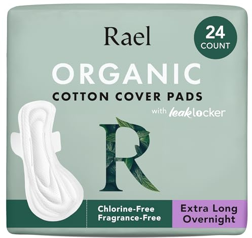 Rael Pads for Women, Organic Cotton Cover - Period Pads with Wings, Feminine Care, Sanitary Napkins, Ultimate Absorbency, Postpartum, Unscented, Ultra Thin (Extra Long Overnight, 24 Count)