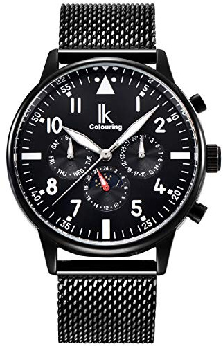 Alienwork Automatisk Klocka Herr Svart Mesh-Armband Kalender