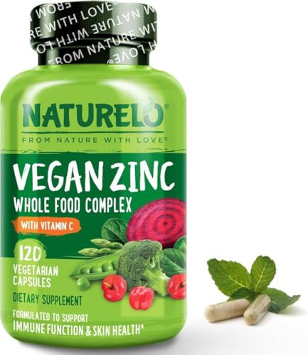 NATURELO Vegan Zinc Immune Support Capsules - Whole Food Complex with Vitamin C for Healthy Skin, Hair, and Nails - 120 Capsules