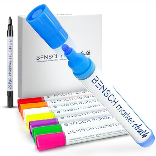 BENSCH® Kreidestifte für Fenster [8 Stück] inkl. 66 Fenstervorlagen | Kreidestifte für Tafel abwaschbar | Fenstermalstifte | Tafelstifte abwaschbar