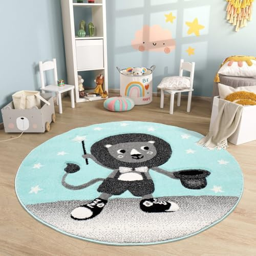carpet city Kinderteppich mit Löwe in Mint, Grau - 160 cm Rund - Kurzflor Spielteppich für Kinderzimmer, Babyzimmer und Spielecke - 100% Polypropylen, weiche Haptik