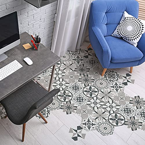 Ambiance Sticker Carreaux de Ciment pour Sol - Azulejos avec Laminat Protection en Plastique Anti-Dérapant | Stickers Adhésifs Carrelages Hexagones Claudio Résistant à l'eau - 10 Pièces de 20x18 cm | Dalles adhésives sol, dalle de sol antidérapante, dalle autocollante sol résistante à l'eau, pose facile