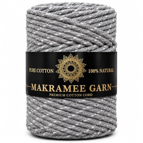 Makramee Garn. Baumwollgarn Kordel. 100% Natur Baumwoll-Kordel. Gold- oder Silberfaden. Perfekt für Basteln, DIY, Handwerk & Stricken. 100% Natur Baumwollgarn, Dicke Macrame (Grau Silber, 200m/3mm)