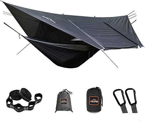 AnorTrek Hamaca de camping con mosquitera y lona para lluvia, hamaca doble portátil con dos correas de árbol, hamaca de nailon 210T y juego de mosca impermeable para senderismo, mochileros (negro)