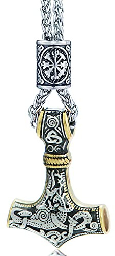 Collar Martillo Thor, Mitología Nórdica para Hombre, Colgante Acero Inoxidable Mjölnir Runa Vikinga Vegvisir Joyería Motorista, Regalo Cumpleaños Aniversario, Cadena 60 Cm,Stainless steel chain