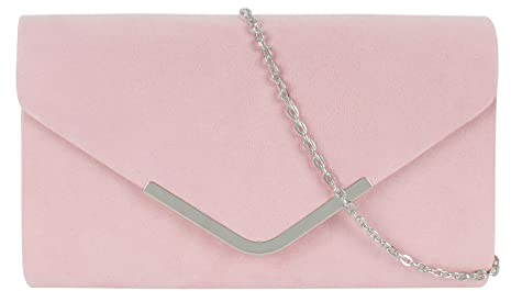 MilyaDE Damen Clutch Kunst Wildleder Abendtasche Envelope Umschlag Braut Handtasche Hochzeit Party Unterarmtasche Umhängetasche Schultertasche mit Ketten Gurt, Rosa