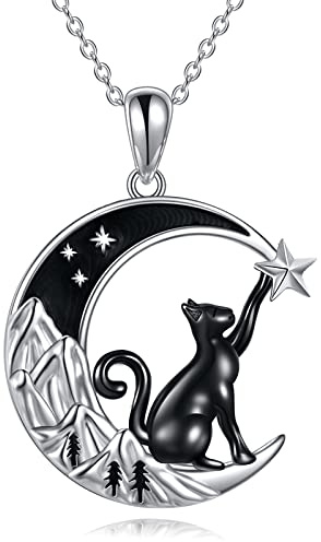 VONALA Katze Anhänger Kette, 925 Sterling Silber Tier Mond Halskette Schmuck Geschenk für Damen