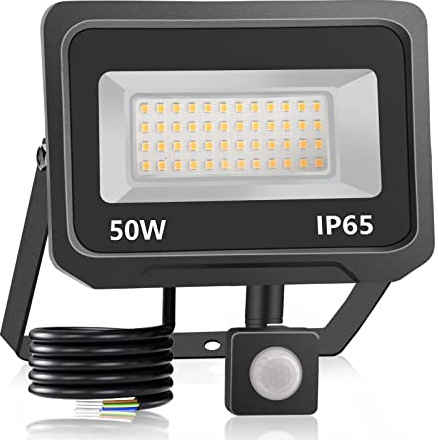 bapro Foco LED 50W con detector de movimiento, foco LED Superhell, foco LED 3000K, foco LED exterior estanco IP65, lámpara LED exterior para jardín, patio, garaje, hotel