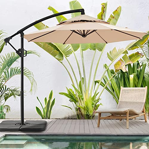 BLUU 10 FT Patio Offset Umbrella Outdoor Cantilever Umbrella Hanging Umbrellas, Fade Resistant Crank & Cross Base (Beige, 10 FT-2Tiers)