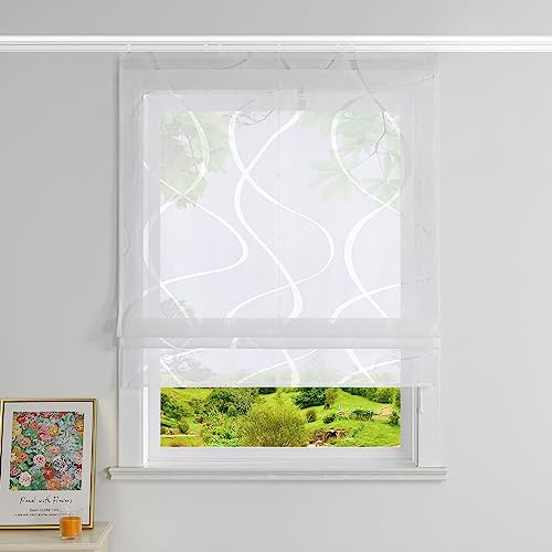 Heichkell Raffrollo mit Klettband Ausbrenner Design Transparent Vorhang Rollo ohne Bohren Schiene Raffgardine Modern Weiß BreitexHöhe 60x140 cm